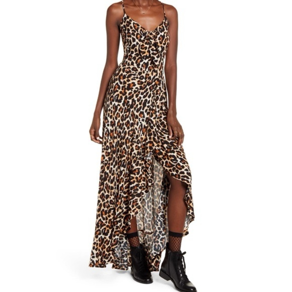 Band of Gypsies Leopard-Print XS Maxi Slip Dress in Brown Black
